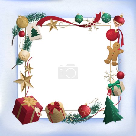 Ilustración de Tarjeta navideña con marco compuesto de adornos y regalos, espacio en blanco para copiar - Imagen libre de derechos