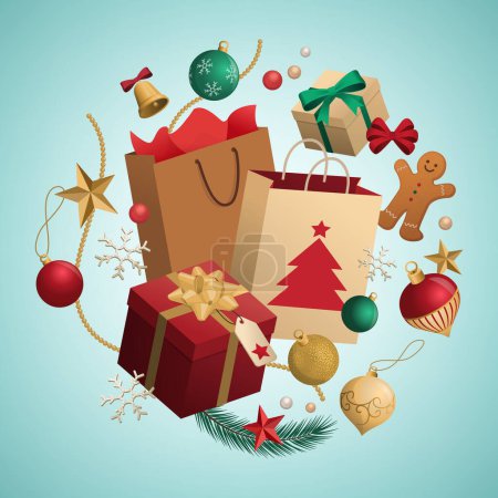 Ilustración de Compras navideñas y venta promocional: bolsas de compras y regalos rodeados de ornamentos - Imagen libre de derechos