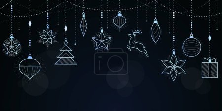 Ilustración de Banner de Navidad y Feliz Año Nuevo con decoraciones de plata de lujo colgadas, espacio para copiar - Imagen libre de derechos