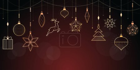 Téléchargez les illustrations : Bannière de Noël et bonne année avec décorations dorées de luxe suspendues, espace de copie - en licence libre de droit