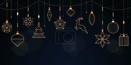 Ilustración de Banner de Navidad y Feliz Año Nuevo con decoraciones doradas de lujo colgantes, espacio para copiar - Imagen libre de derechos