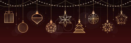 Téléchargez les illustrations : Bannière de Noël et bonne année avec décorations dorées de luxe suspendues, espace de copie - en licence libre de droit