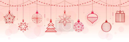 Ilustración de Banner de Navidad y Feliz Año Nuevo con decoraciones rojas colgantes, espacio para copiar - Imagen libre de derechos