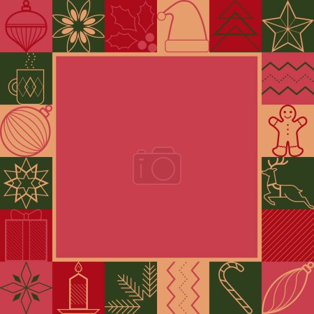 Téléchargez les illustrations : Carte de Noël et vacances d'hiver avec vœux et icônes vectorielles décoratives, espace de copie - en licence libre de droit