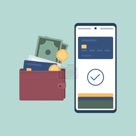 Illustration for Digital wallet app on smartphone, wallet holding credit cards and cash money - Royalty Free Image