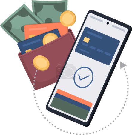 Ilustración de Aplicación de billetera digital en smartphone, billetera con tarjetas de crédito y dinero en efectivo - Imagen libre de derechos