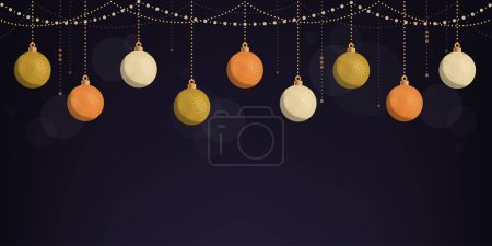 Illustration for Christmas balls and golden decorations banner with copy space, holidays concept - Royalty Free Image