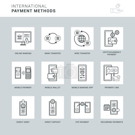 Illustration for International payment methods, transactions and digital wallet icon set, one color - Royalty Free Image