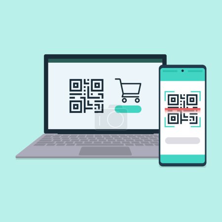 Ilustración de Pago del código QR y compras en línea en portátil y móvil - Imagen libre de derechos