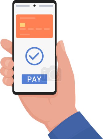 Téléchargez les illustrations : Utilisateur payant avec son portefeuille numérique sur smartphone - en licence libre de droit