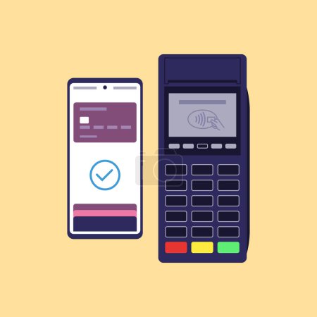 Téléchargez les illustrations : Terminal POS acceptant un paiement par portefeuille numérique sur smartphone - en licence libre de droit