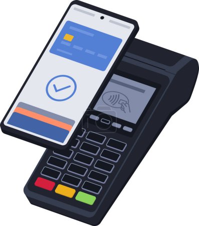 Ilustración de Terminal de punto de venta que acepta un pago de billetera digital en smartphone - Imagen libre de derechos