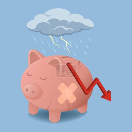 Illustration for Broken sad piggy bank under the rain: financial failure and loss concept - Royalty Free Image