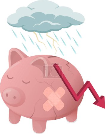 Téléchargez les illustrations : Banc de cochon triste brisé sous la pluie : échec financier et concept de perte - en licence libre de droit