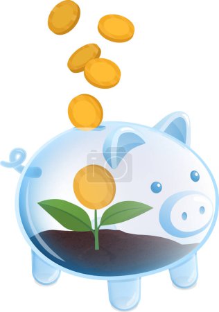 Ilustración de Brote con moneda dentro de una alcancía de vidrio: ahorro y retorno del concepto de inversión - Imagen libre de derechos