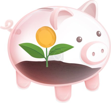 Illustration for Sprout with coin inside a glass piggy bank: savings and return on investement concept - Royalty Free Image
