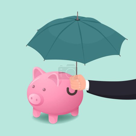Ilustración de Hucha segura bajo un paraguas: protege tu concepto de ahorro e inversión - Imagen libre de derechos