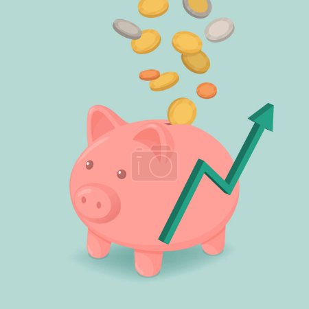 Illustration for Coins falling in a piggy bank and positive trend arrow - Royalty Free Image