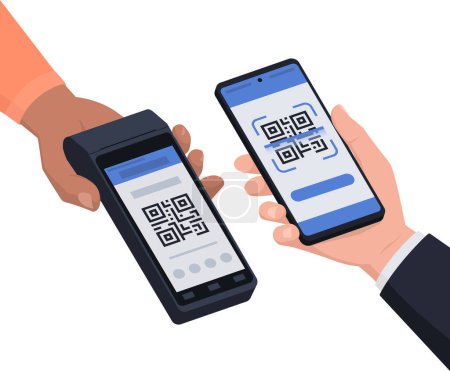 Illustration for QR code payment: retailer holding a POS machine and customer scanning the QR code - Royalty Free Image