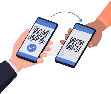 Ilustración de Cliente escaneando un código QR usando su teléfono inteligente, concepto de pagos de código QR - Imagen libre de derechos