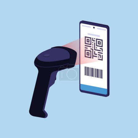 Téléchargez les illustrations : Scanner reconnaissant et lisant un code QR sur l'écran du smartphone, concept de paiement par code QR - en licence libre de droit