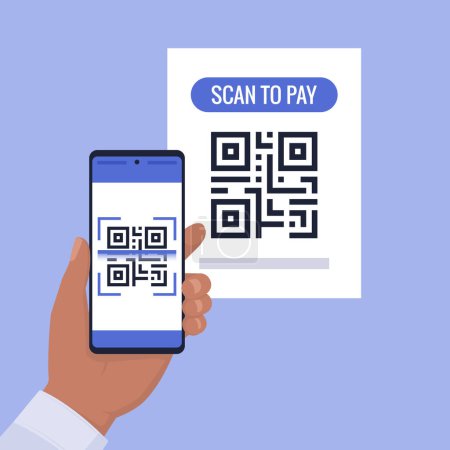 Ilustración de Cliente escaneando un código QR con su smartphone y haciendo un pago en una tienda - Imagen libre de derechos