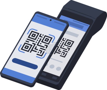 Illustration for Smartphone scanning a QR code displayed on POS machine: QR code payment - Royalty Free Image