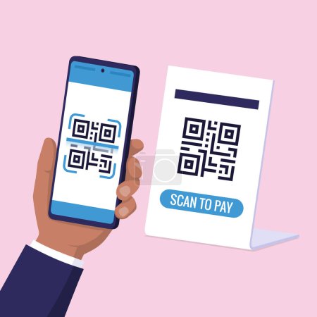 Téléchargez les illustrations : Client numérisant un code QR avec son smartphone et effectuant un paiement dans une boutique - en licence libre de droit