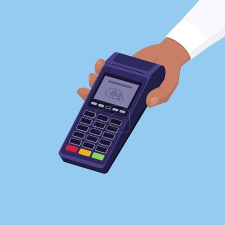 Illustration for Shop assistant holding a POS terminal, cashless payments and retail concept - Royalty Free Image