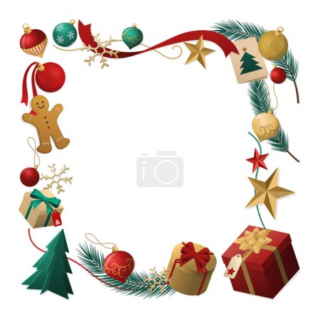 Illustration for Holiday Christmas card with frame composed of ornaments and gifts, blank copy space - Royalty Free Image