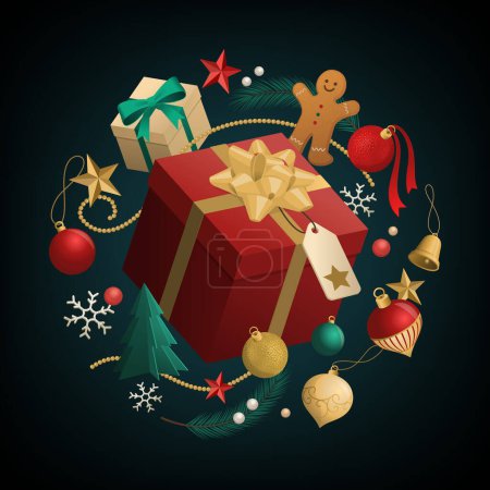 Téléchargez les illustrations : Cadeau de Noël entouré d'ornements, de vacances et de célébrations concept - en licence libre de droit