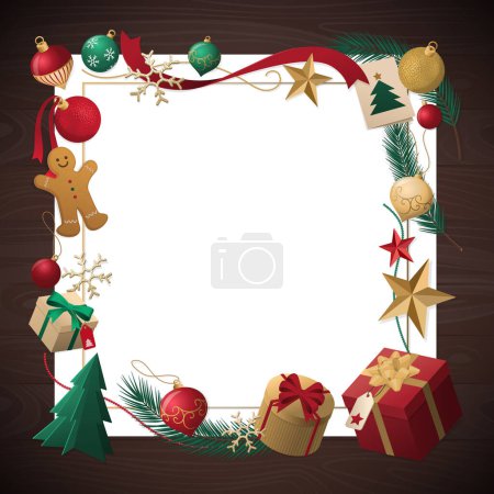 Illustration for Holiday Christmas card with wooden frame composed of ornaments and gifts, blank copy space - Royalty Free Image