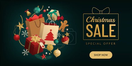 Ilustración de Banner promocional de venta de Navidad con regalos y bolsas de compras, espacio para copiar - Imagen libre de derechos