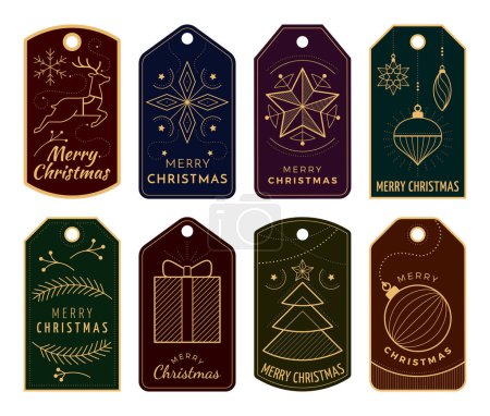 Téléchargez les illustrations : Étiquettes décoratives de Noël avec souhaits et dessins géométriques - en licence libre de droit
