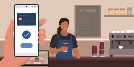 Téléchargez les illustrations : Client utilisant un portefeuille mobile sur smartphone et payant dans un café - en licence libre de droit
