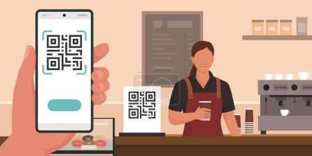 Téléchargez les illustrations : Client tenant un smartphone, numérisant et payant avec un code QR dans un café - en licence libre de droit