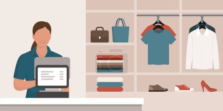 Illustration for Happy woman working in a clothes store and shop interior - Royalty Free Image