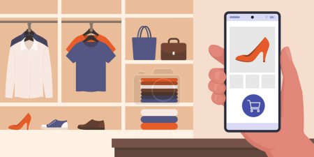 Illustration for Customer in a clothing store checking products and buying items using his smartphone, AR and digital payments concept - Royalty Free Image