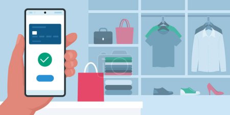 Illustration for Customer using a mobile wallet app on his smartphone in a clothing store - Royalty Free Image