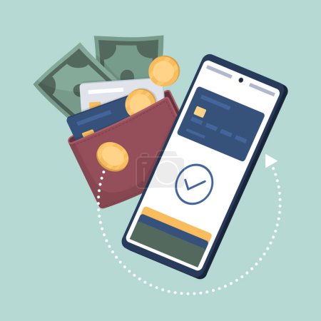 Illustration for Digital wallet app on smartphone, wallet holding credit cards and cash money - Royalty Free Image