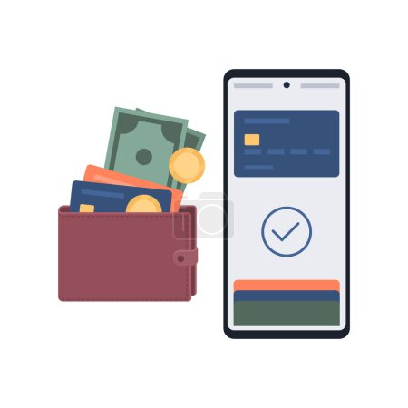Téléchargez les illustrations : Application de portefeuille numérique sur smartphone, portefeuille contenant des cartes de crédit et de l'argent comptant - en licence libre de droit