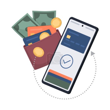 Digital wallet app on smartphone, wallet holding credit cards and cash money