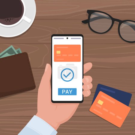 Illustration for User paying online using his smartphone, digital wallet concept - Royalty Free Image