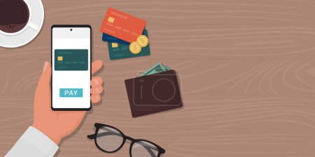 Téléchargez les illustrations : Homme d'affaires effectuant un paiement numérique à l'aide d'un portefeuille mobile, concept bancaire en ligne, bannière avec espace de copie - en licence libre de droit