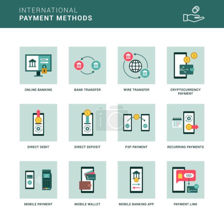 Conjunto de iconos de monedero digital, transacciones y métodos de pago internacionales