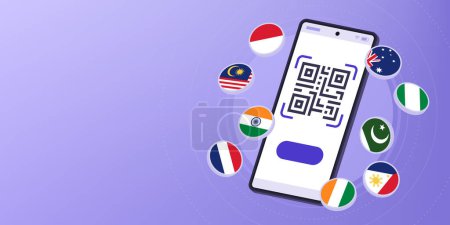 Illustration for QR code on smartphone screen and international flags: mobile wallet, money transfer, payments and currency exchange - Royalty Free Image