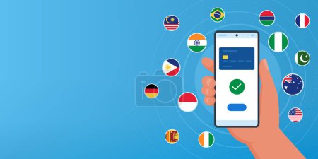 Illustration for Hand holding a smartphone and international flags: payments, money transfer and currency exchange app - Royalty Free Image