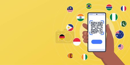 Illustration for Hand holding a smartphone with QR code and international flags: payments, money transfer and currency exchange app - Royalty Free Image