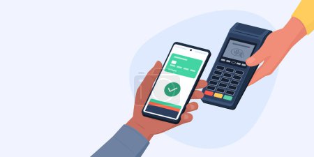 Illustration for Retailer holding a POS terminal machine and customer paying using his smartphone, banner with copy space - Royalty Free Image