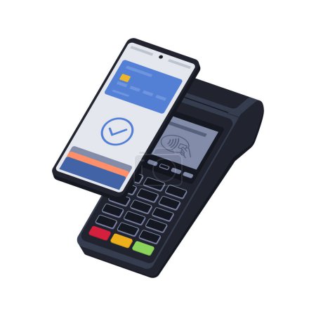 Illustration for POS terminal accepting a digital wallet payment on smartphone - Royalty Free Image
